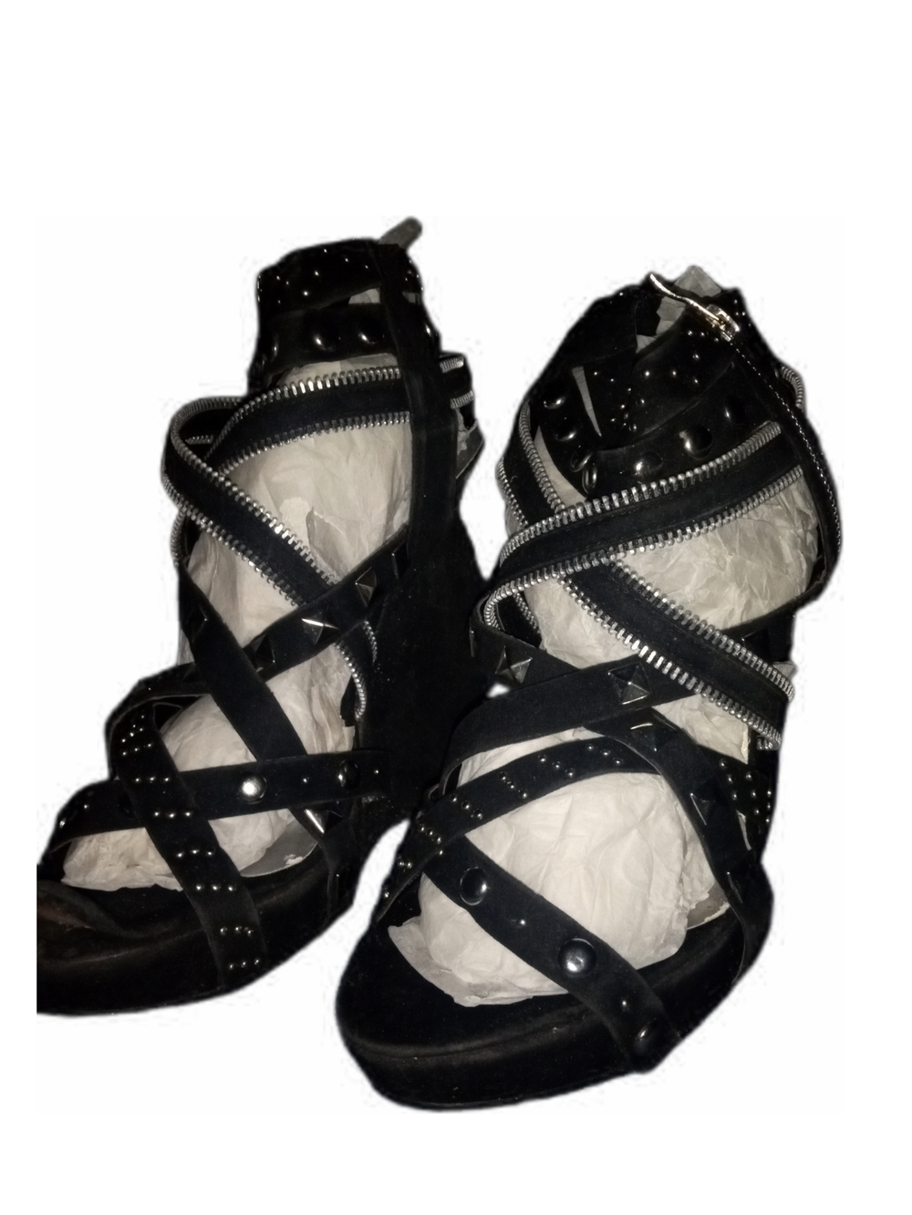 Frederick's of Hollywood RARE Black Studded Zipper Wedge Sandals